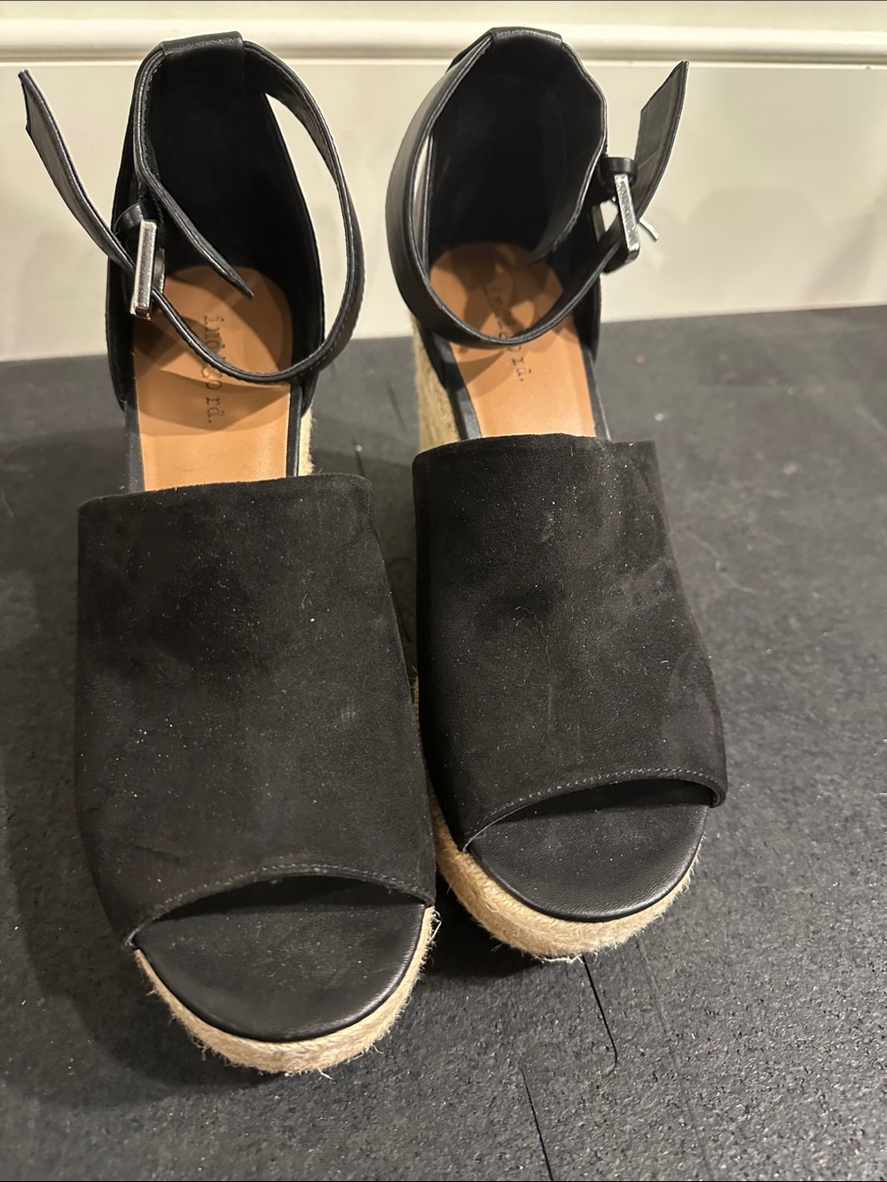 Indigo Black Suede Espadrille Wedge Sandals with Ankle Strap